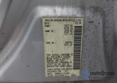 2016 Nissan Altima 2.5 Sl z USA, uszkodzony, nr VIN 1N4AL3AP8GC183042